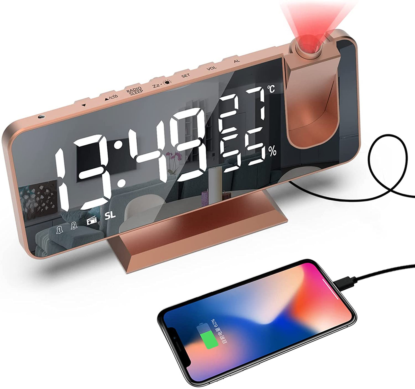 LED Projection Alarm Clock with Wireless Charging