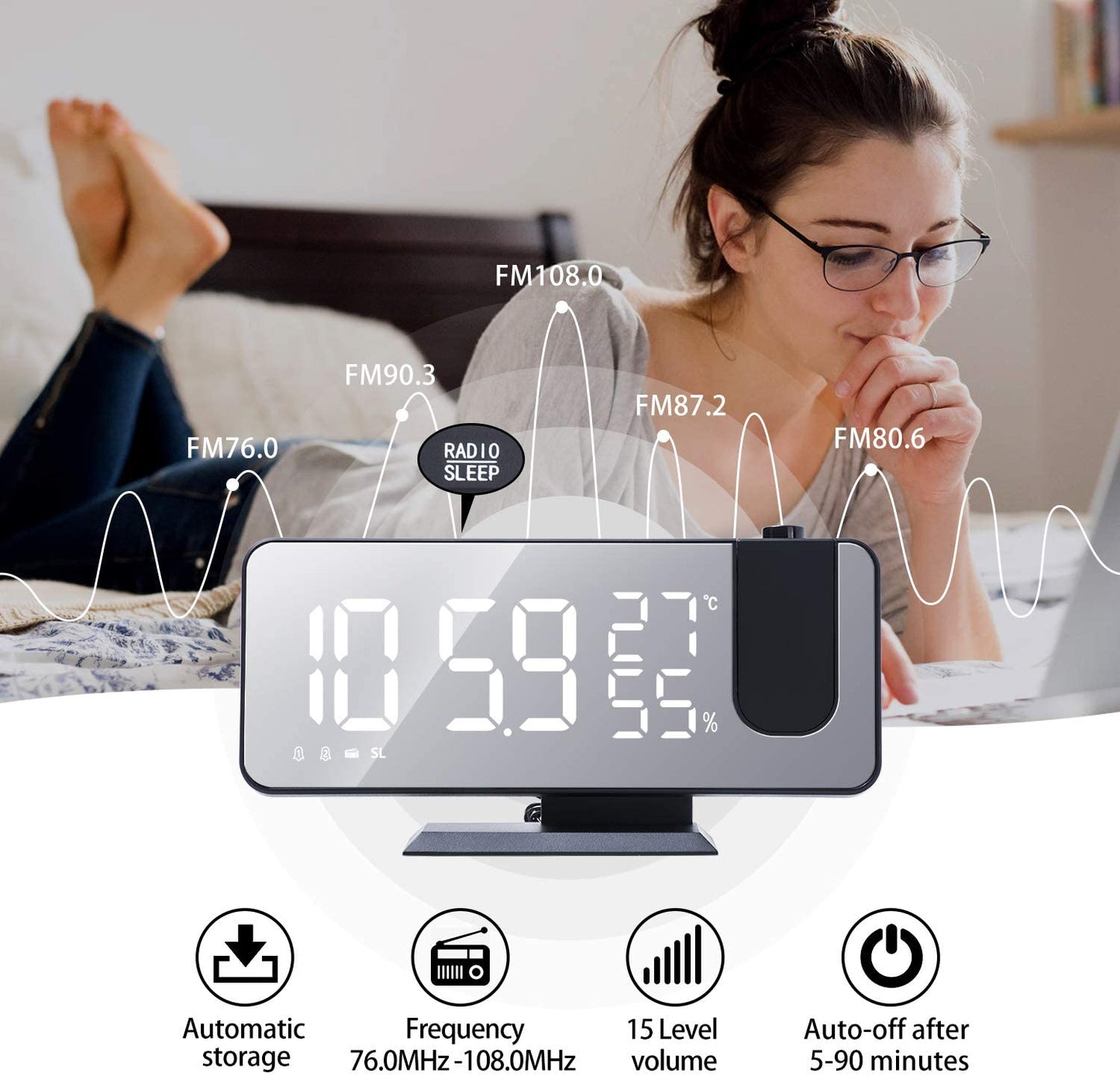 LED Projection Alarm Clock with Wireless Charging
