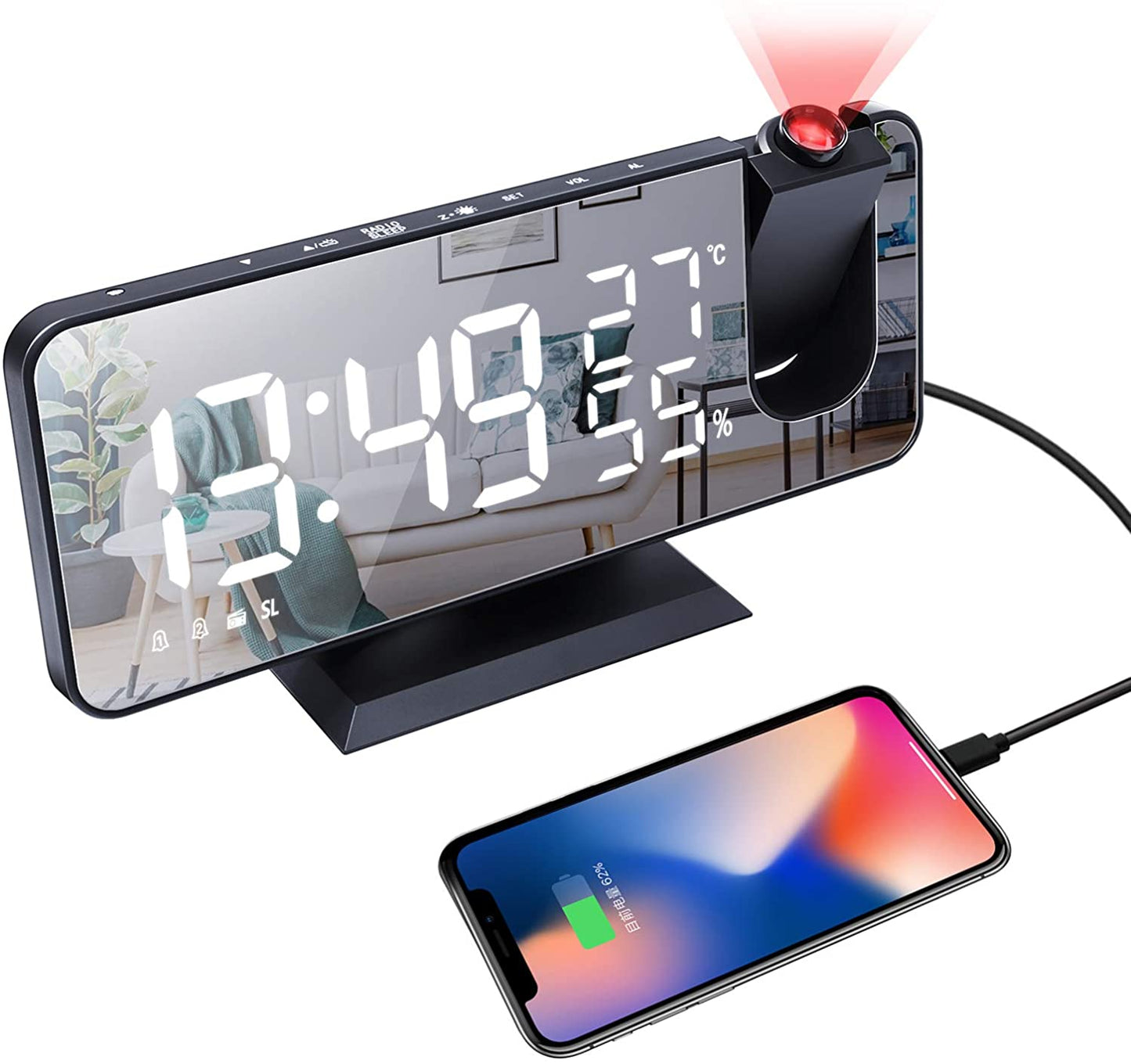 LED Projection Alarm Clock with Wireless Charging