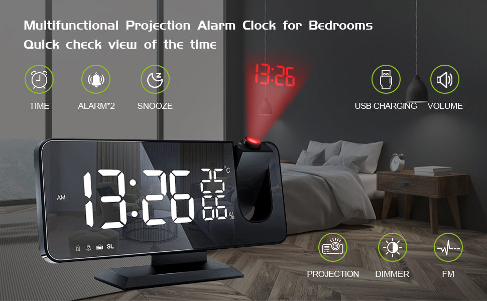 LED Projection Alarm Clock with Wireless Charging