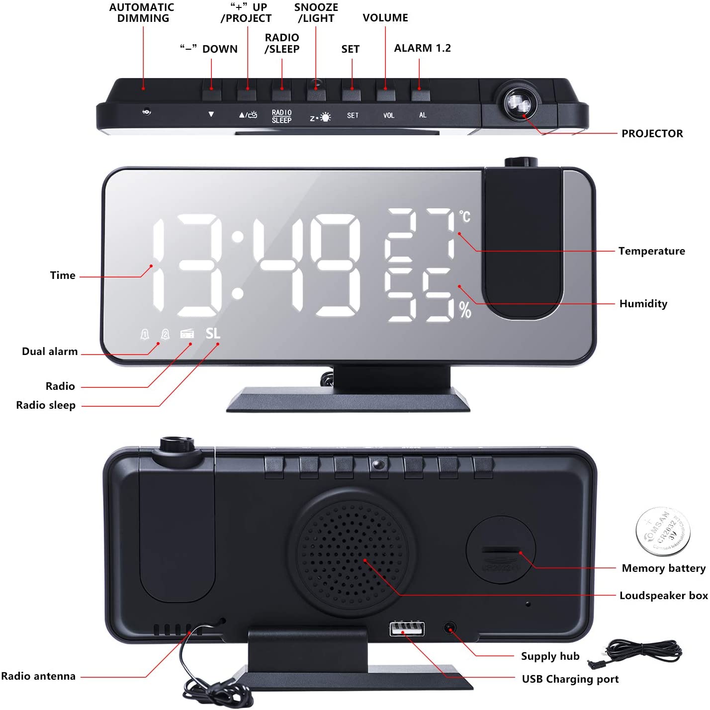 LED Projection Alarm Clock with Wireless Charging