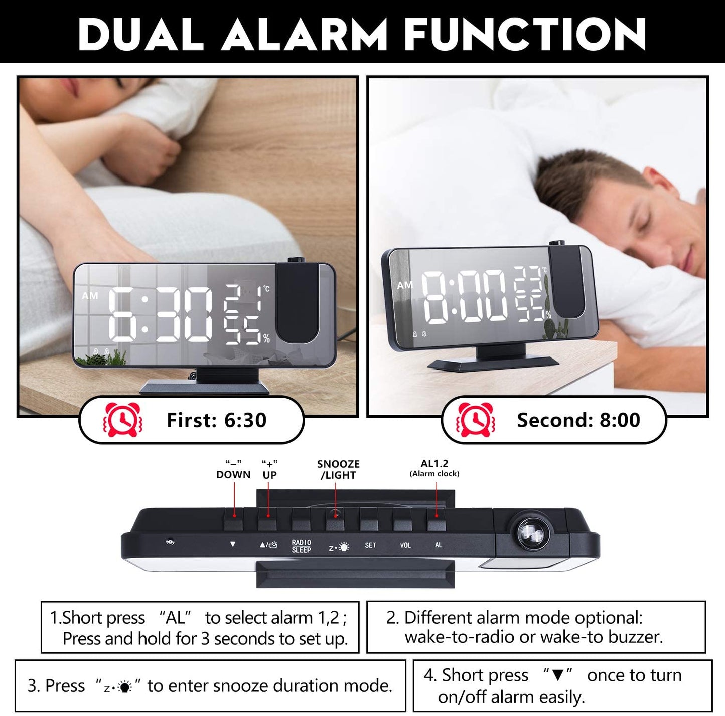 LED Projection Alarm Clock with Wireless Charging